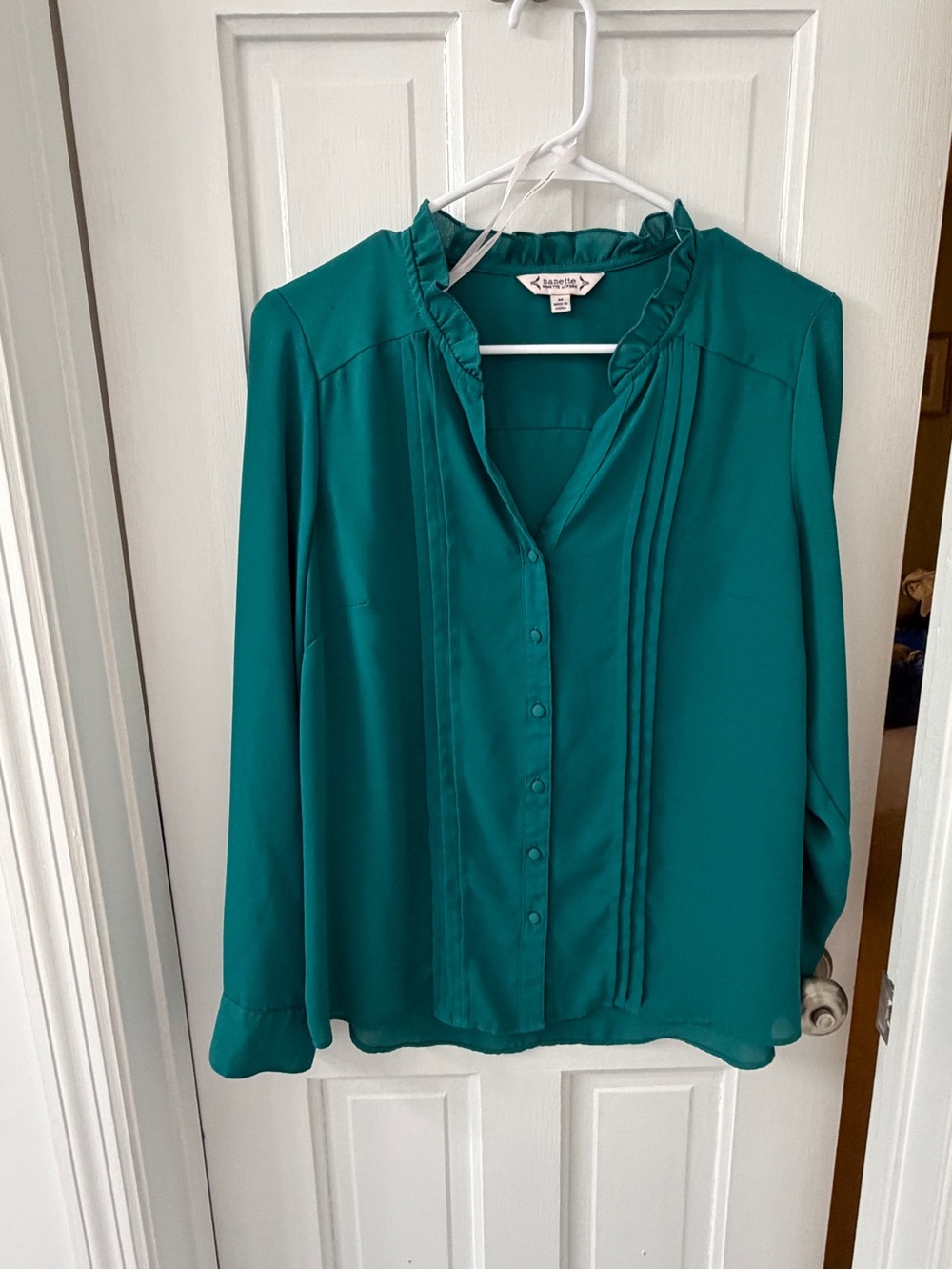 Nanette Lepore Teal Ruffle Trim Button-Front Blouse